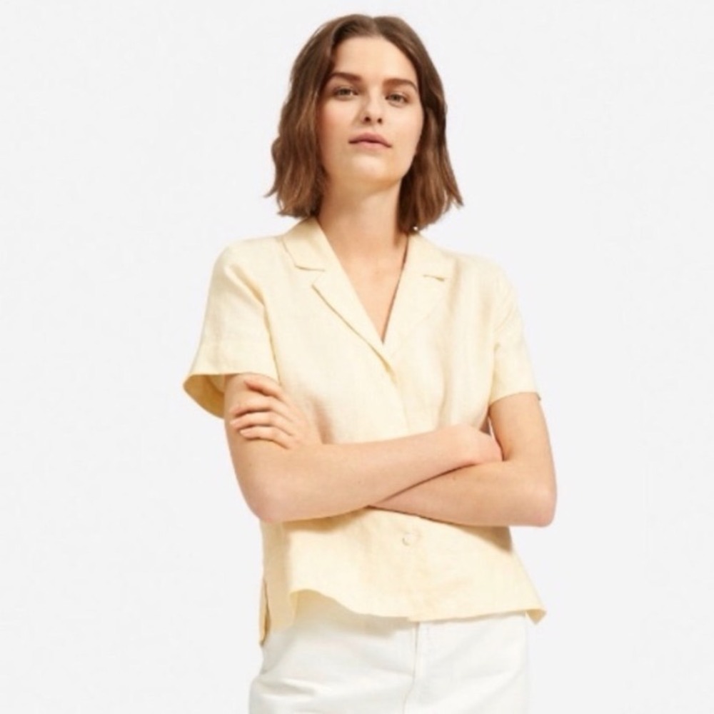 Everlane Linen Notch Short Sleeve Button Down Shirt‎ Butter Yellow Size 10